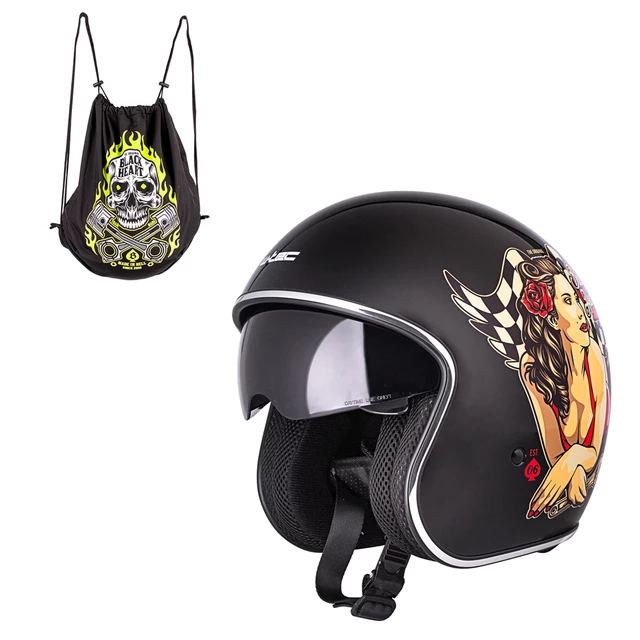 Kask motocyklowy otwarty z blendą W-TEC Black Heart chopper V537 - Hot Rod Angel, czarny połysk