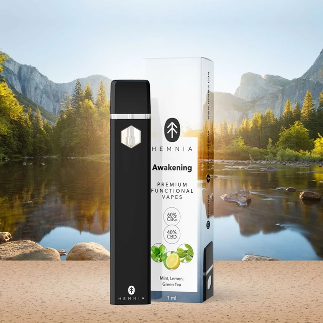 Premium Functional Vape Pen Hemnia Awakening, 60% CBG, 40% CBD, citrón, máta, zelený čaj, 1 ml