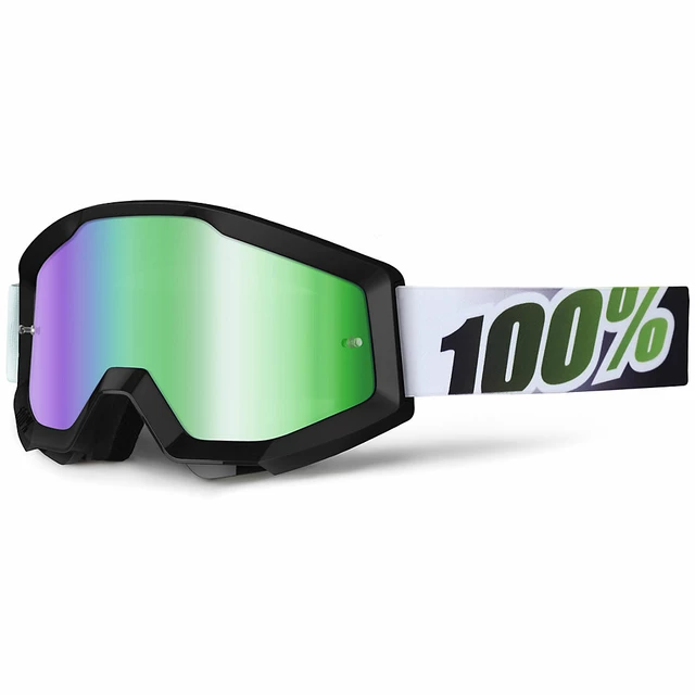 Motocross Goggles 100% Strata - Lagoon Blue, Blue Chrome Plexi with Pins for Tear-Off Foils - Black Lime Black, Green Chrome Plexi with Pins for Tear-Off Foil
