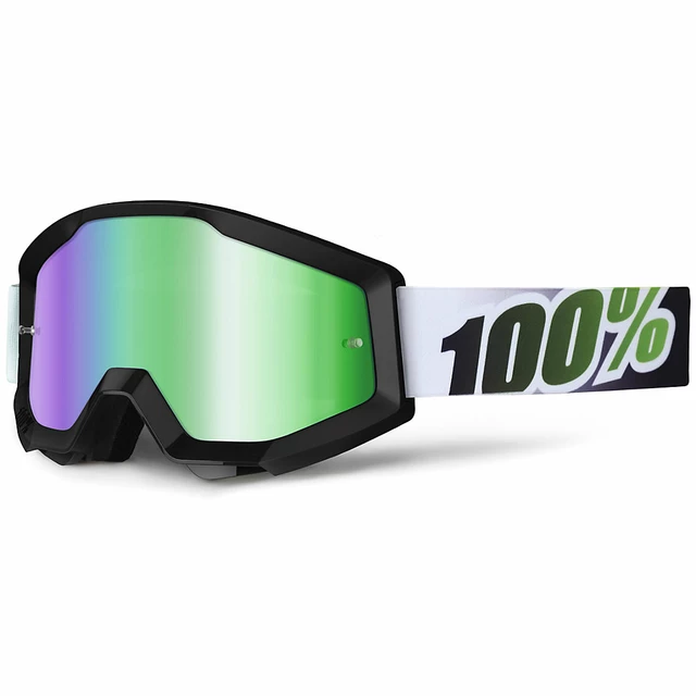 100% Strata Motocross Brille - Equinox weiß, blaues Chrom Plexiglas mit Bolzen für Abreißfolie