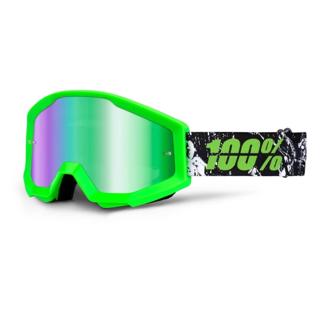 Motocross Goggles 100% Strata - Equinox White, Blue Chrome Plexi with Pins for Tear-Off Foils - Crafty Lime Green, Green Chrome Plexi with Pins for Tear-Off Foi