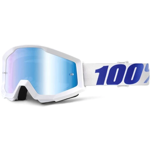 100% Strata Motocross Brille - Equinox weiß, blaues Chrom Plexiglas mit Bolzen für Abreißfolie