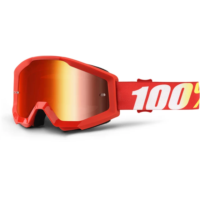 Motocross Goggles 100% Strata - Huntitistan Dark Green, Silver Chrome Plexi with Pins for Tear-O - Furnace Red, Red Chrome Plexi with Pins for Tear-Off Foils
