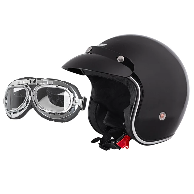 Motorcycle Helmet W-TEC YM-629 w/ Ageless Goggles - Black Glossy - Black Glossy