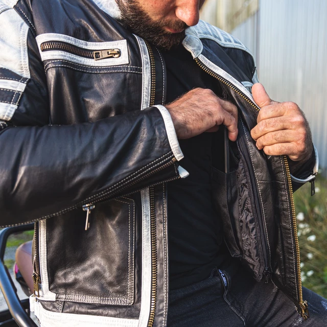 Men’s Leather Jacket W-TEC Esbiker - Black with Beige Stripes