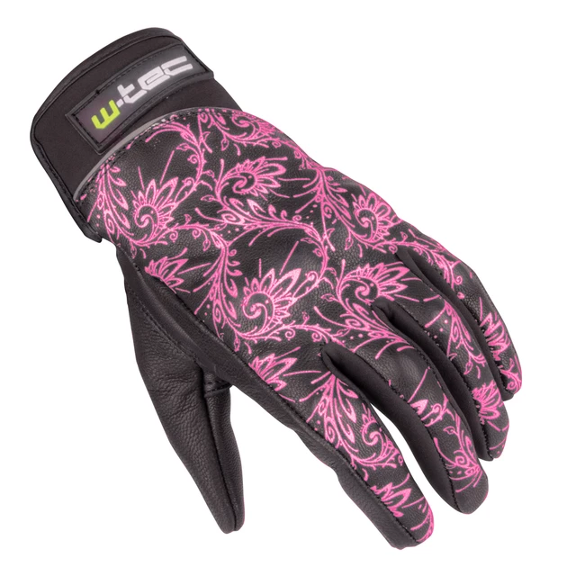 Damen Leder-Motorradhandschuhe W-TEC NF-4208 - schwarz mit rosa Graphik