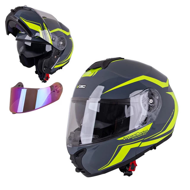 Kask motocyklowy szczękowy z blendą W-TEC FS-907 P/J + szybka - Szaro-żółty fluorescencyjny