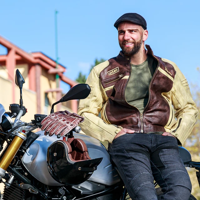 Men’s Leather Motorcycle Jacket W-TEC Retro - Black-Brown-Beige