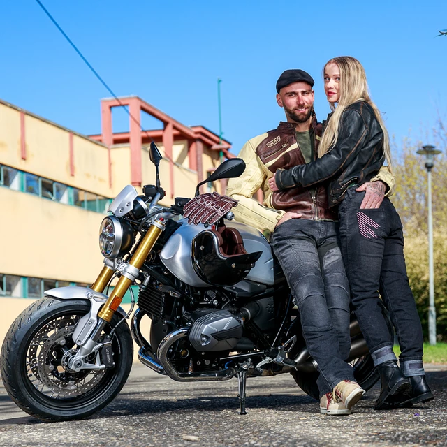 Pánska kožená moto bunda W-TEC Retro - čierno-hnedo-béžová, S