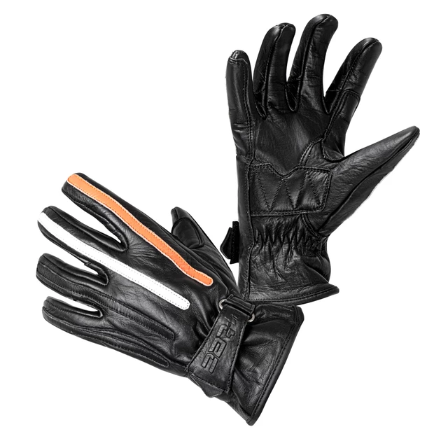 Motorcycle Gloves W-TEC Classic - White Bones Black - Black with Orange and Beige Stripe