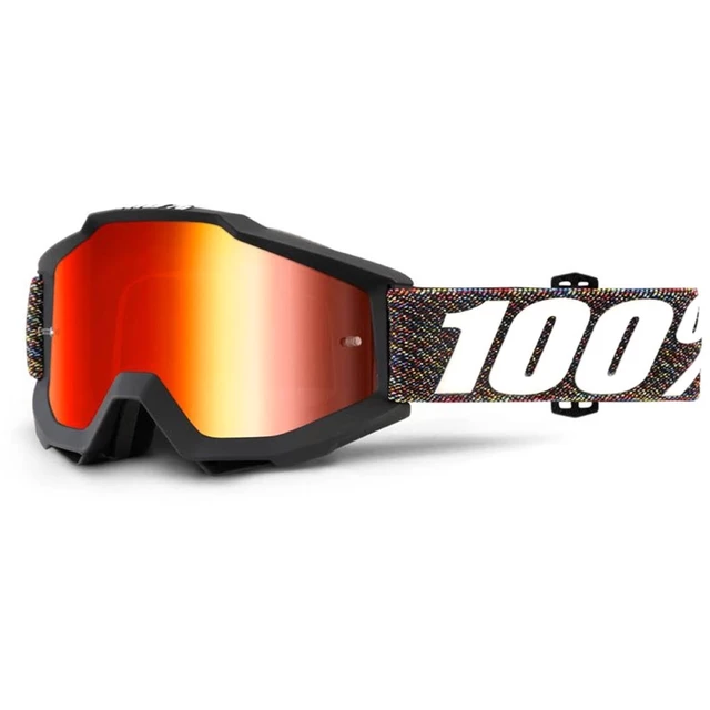 Motocross Brille 100% Accuri - R-Core schwarz, blaues Chrom + klares Plexiglas mit Bolzen für A - Krick schwarz, rotes Chrom Plexiglas + klares Plexiglas mit Bolz