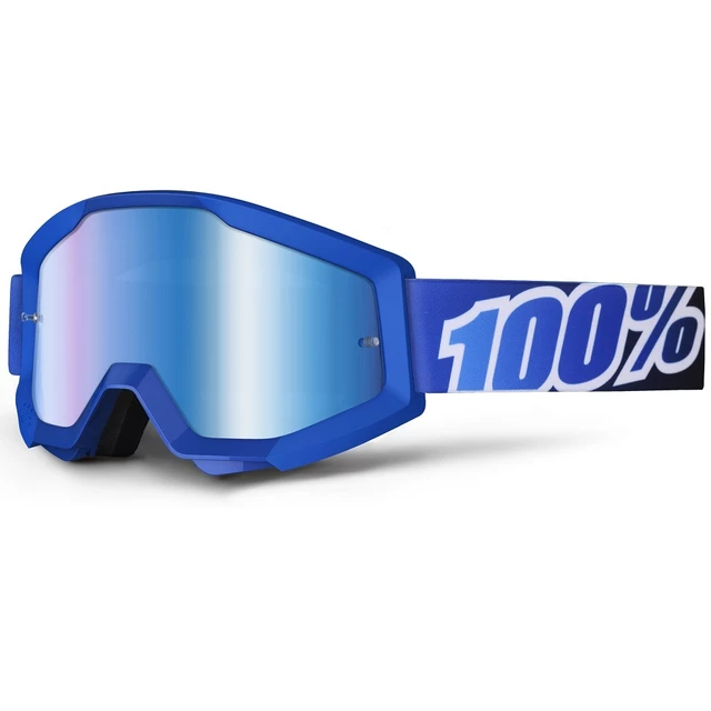 100% Strata Motocross Brille - Equinox weiß, blaues Chrom Plexiglas mit Bolzen für Abreißfolie