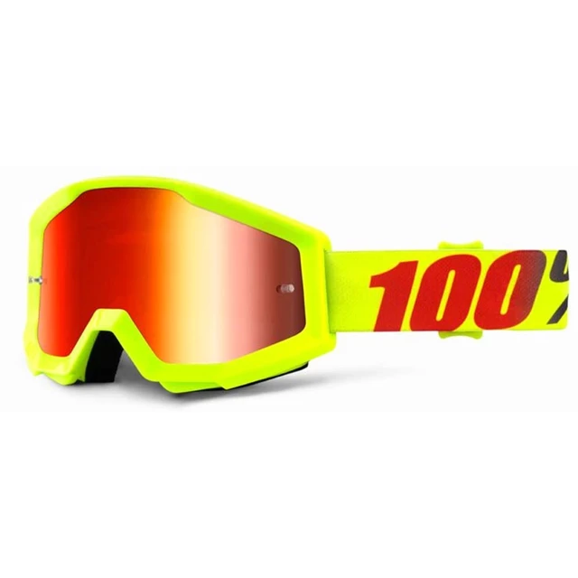 Motocross Goggles 100% Strata - Lagoon Blue, Blue Chrome Plexi with Pins for Tear-Off Foils - Mercury Fluo Yellow, Red Chrome Plexi with Pins for Tear-Off Foi