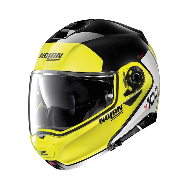 Motorcycle Helmet Nolan N100-5 Plus Distinctive N-Com P/J - Metal White - Glossy Black-Fluo