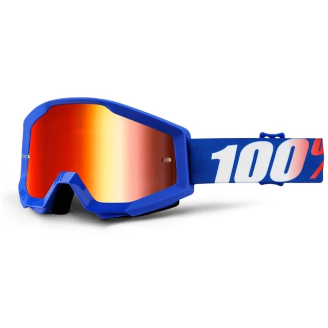 Motocross Goggles 100% Strata - Hope Blue, Blue Chrome Plexi with Pins for Tear-Off Foils - Nation Blue, Red Chrome Plexi with Pins for Tear-Off Foils