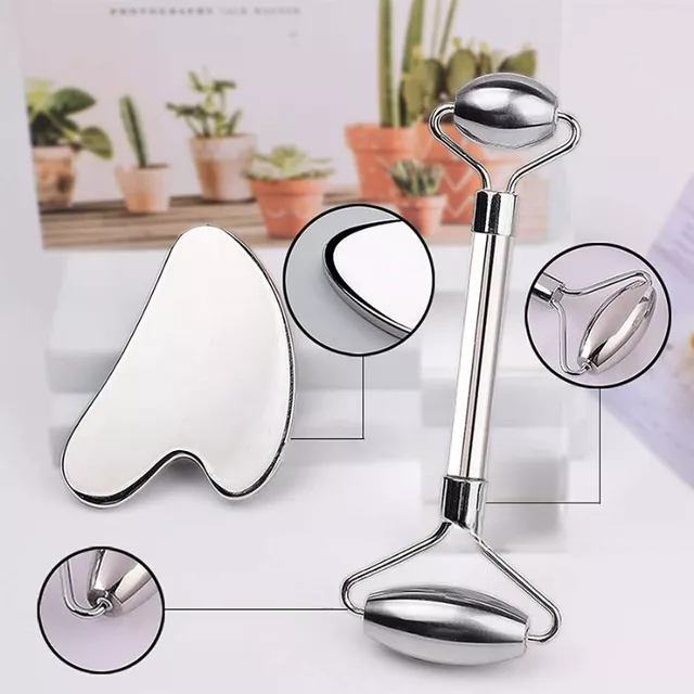 Masážní kovový set Face roller a Gua Sha inSPORTline Comesta Set