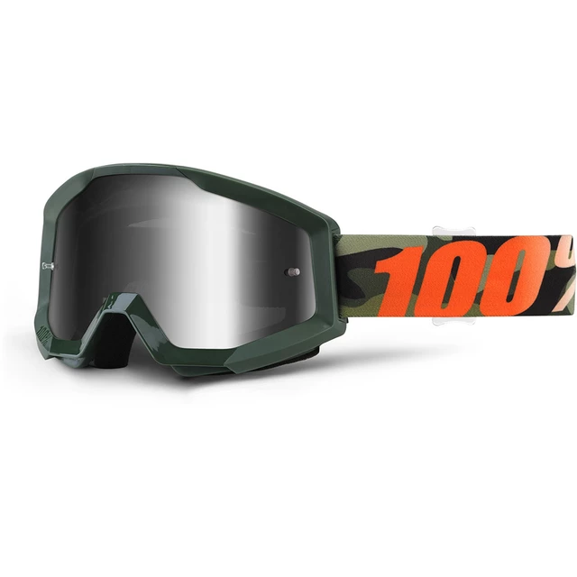 Motocross Goggles 100% Strata - Lagoon Blue, Blue Chrome Plexi with Pins for Tear-Off Foils - Huntitistan Dark Green, Silver Chrome Plexi with Pins for Tear-O