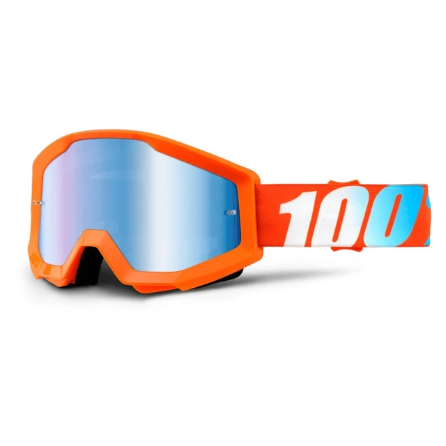 100% Strata Motocross Brille - Equinox weiß, blaues Chrom Plexiglas mit Bolzen für Abreißfolie