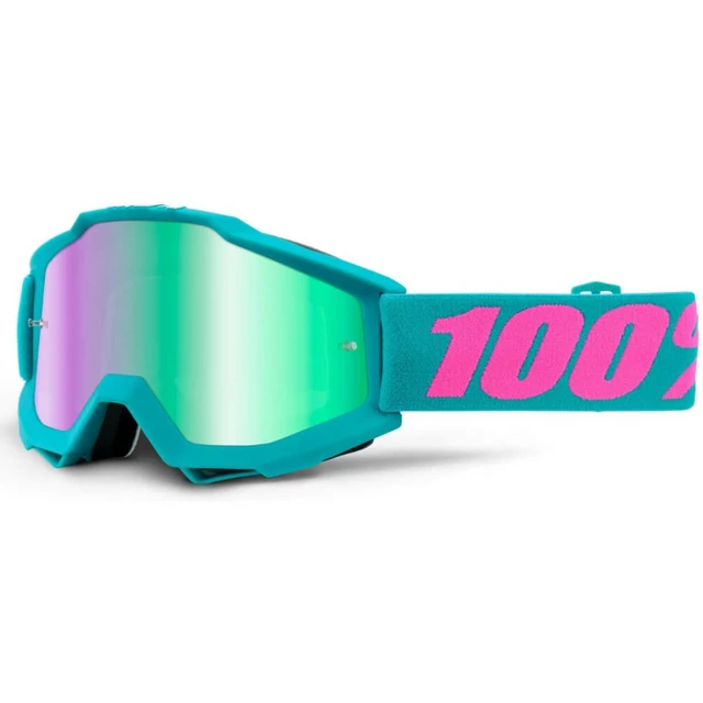 Motocross Goggles 100% Accuri - Calgary White-Blue, Blue Chrome Plexi + Clear Plexi with Pins - Passion Green, Blue Chrome + Clear Plexi with Pins for Tear-Off 