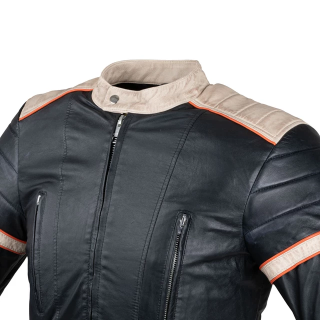 Men’s Leather Jacket W-TEC Hellsto - Black with Beige and Orange Stripe