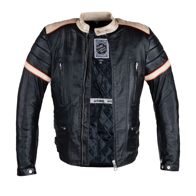 W-TEC Hellsto Herren Lederjacke - schwarz mit beigem und orangefarbenem Streifen