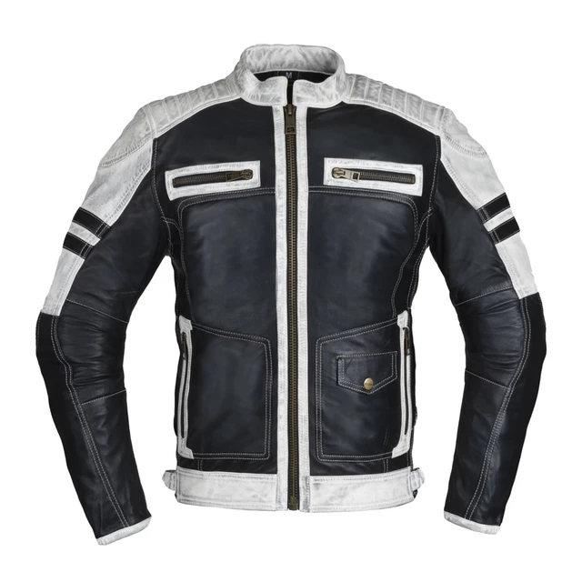Men’s Leather Jacket W-TEC Esbiker - Black with Beige Stripes - Black with Beige Stripes