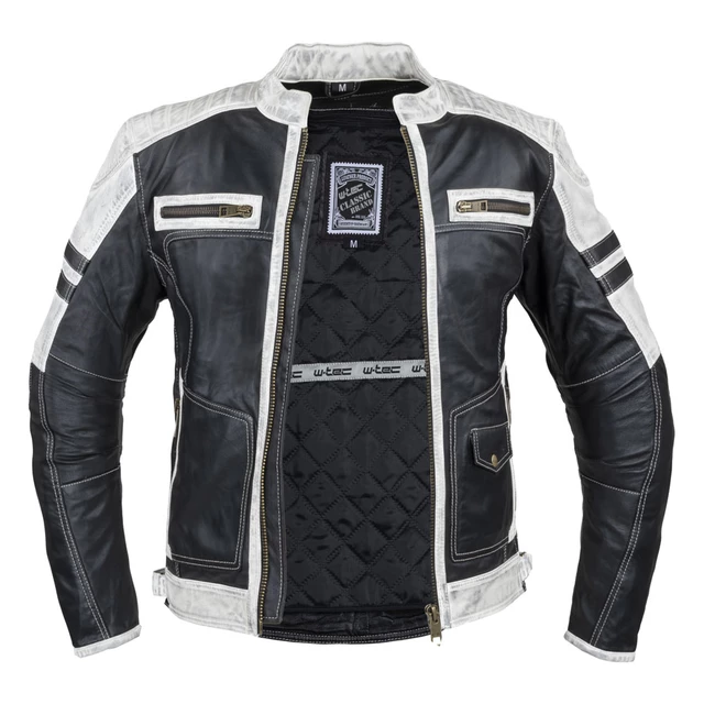 Men’s Leather Jacket W-TEC Esbiker - Black with Beige Stripes