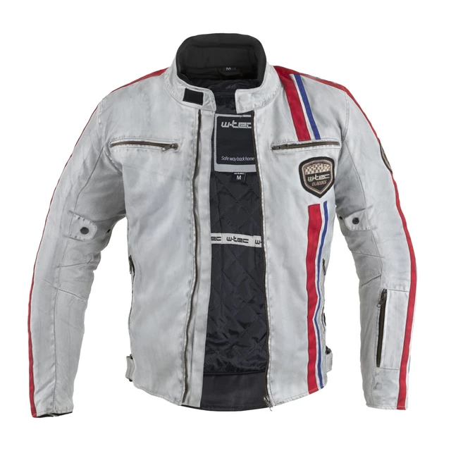 Мъжко текстилно мото яке W-TEC 91 Cordura - бяло с червена и синя ивица, 4XL