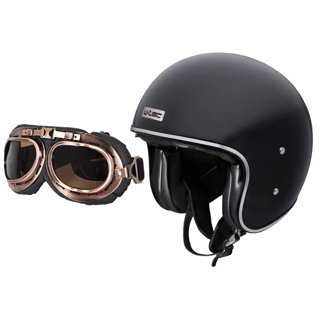 Motorcycle Helmet W-TEC Angeric Gloss Black w/ Steamrust Goggles - Gloss Black - Gloss Black
