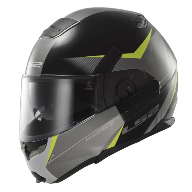 Tilting Moto Helmet LS2 Convert Hawk - Matte Black-White - Black-Yellow