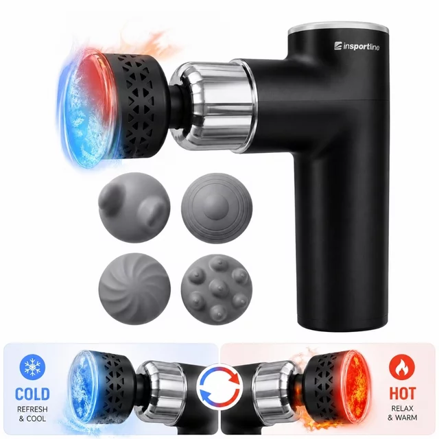 Masážní pistole s hřejivým/chladivým nástavcem inSPORTline ChillFrost • 1800 mAh • 1600-2800 rpm • až 6 mm - černá