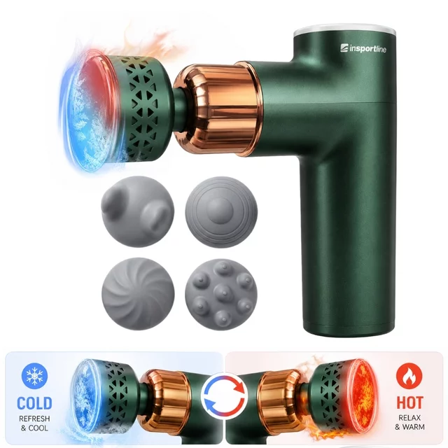 Masážní pistole s hřejivým/chladivým nástavcem inSPORTline ChillFrost • 1800 mAh • 1600-2800 rpm • až 6 mm - zelená