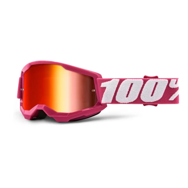 Children’s Motocross Goggles 100% Strata 2 Youth Mirror - Fletcher Pink, Mirror Red Plexi - Fletcher Pink, Mirror Red Plexi