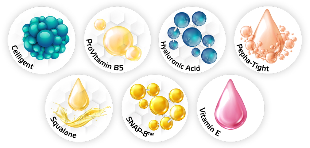 /></p> <ul> <li><strong>Keltuvas</strong></li> <li><strong>Provitaminas B5 (D-pantenolis)</strong></li> <li><strong>Hialurono rūgštis</strong></li> <li><strong>Pepha-Tight</strong></li> <li><strong>Skvalenas</strong></li> <li><strong>SNAP-8 peptidas (acetil oktapeptidas-3)</strong></li> <li><strong>Vitaminas E</strong></li> </ul> <p style=