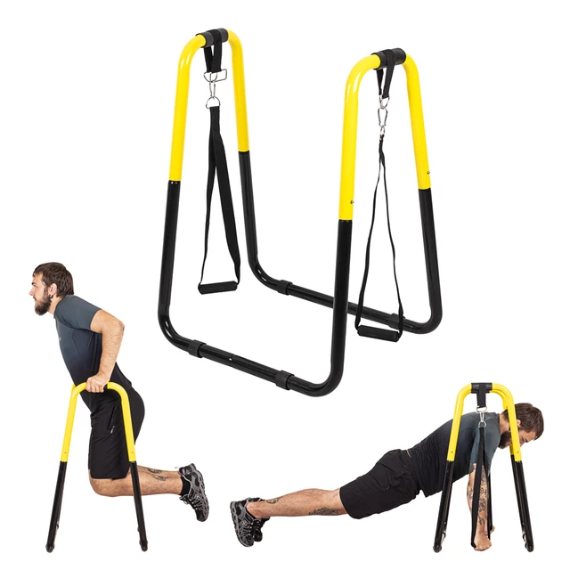 Víceúčelová bradla s úchopy zastanou v zahradním fitness celou škálu cviků.